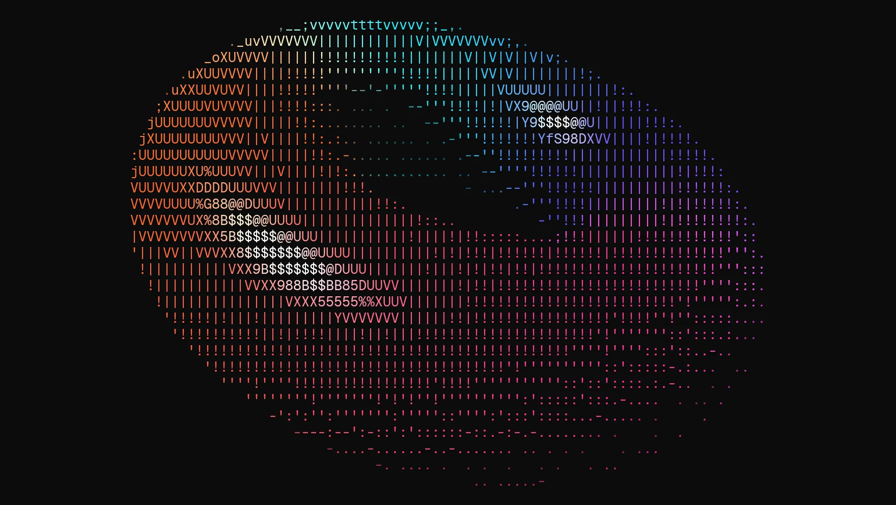 The same torus in Source colour, the characters shifting from orange through pink and violet to teal around the ring