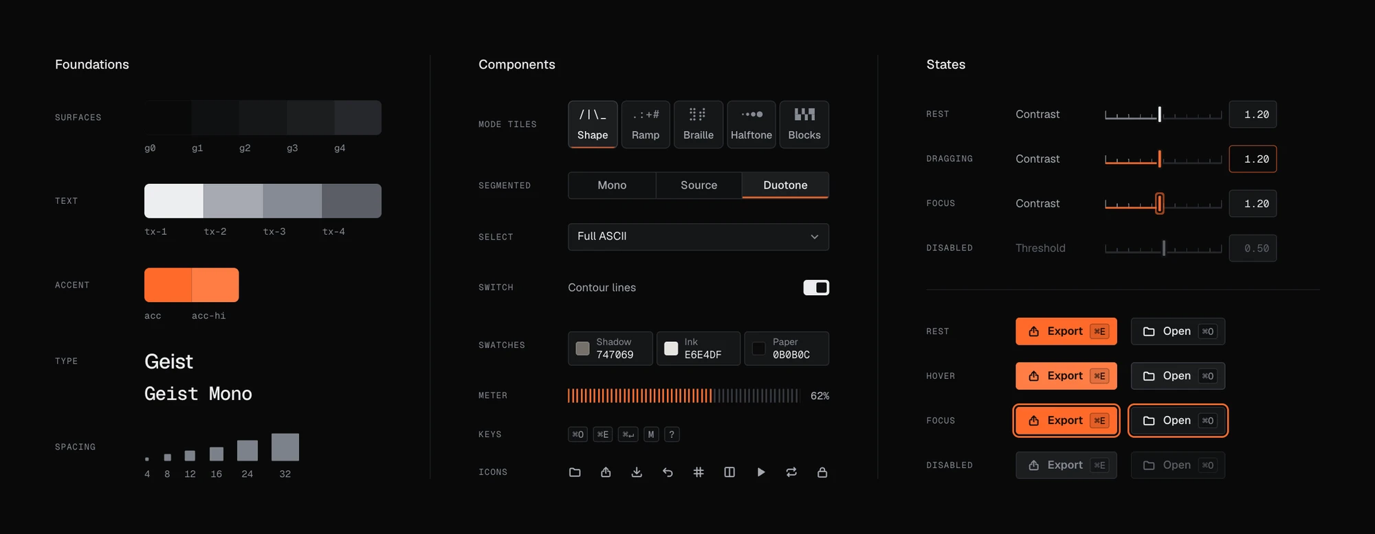 The app's design system: graphite surfaces, grey text, an orange accent and Geist type, the controls from mode tiles to icons, and the slider and buttons at rest, dragged or hovered, focused and disabled