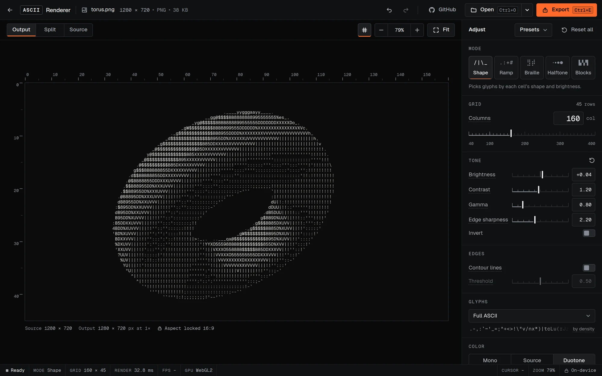 The editor rendering a torus in Shape mode, with the controls on the right