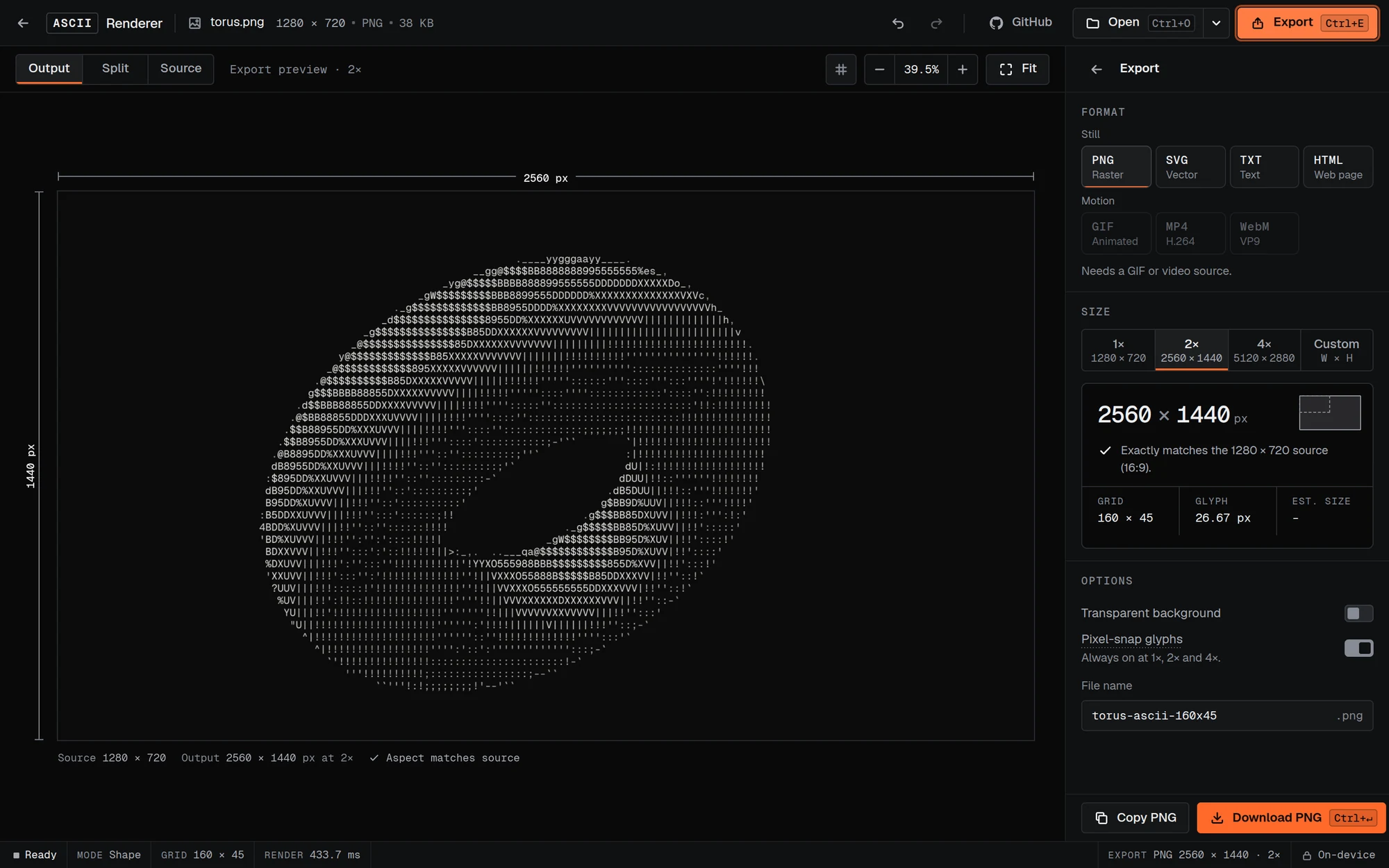 The export panel, with a 2× PNG preview and a check that it matches the source