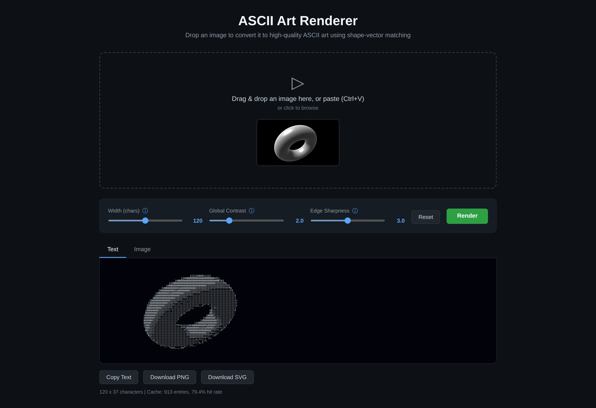 The initial build after rendering a torus: a drop zone, three sliders, a Render button and a text preview