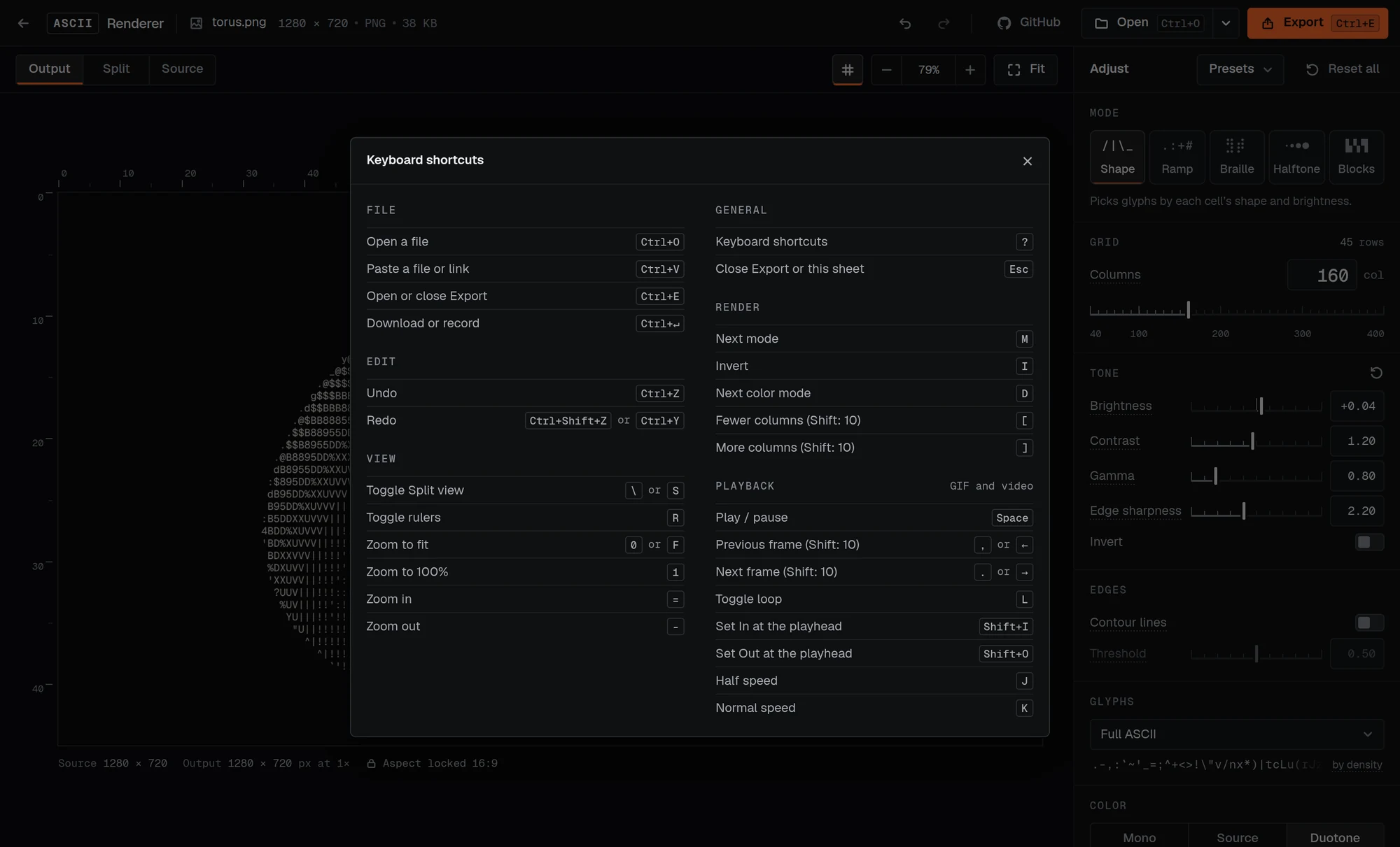The keyboard shortcuts sheet open over the editor, grouped into File, Edit, View, General, Render and Playback