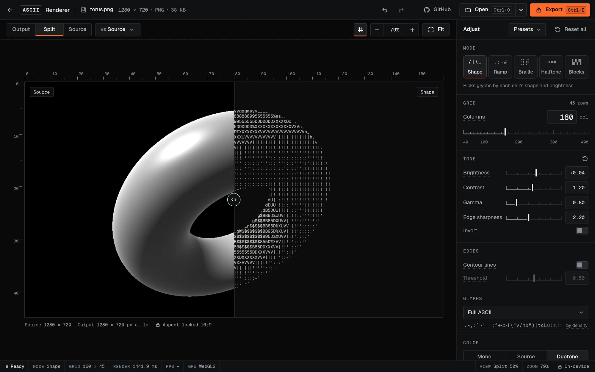 The editor in Split view: the source torus on the left and the Shape render on the right, with a handle on the divider