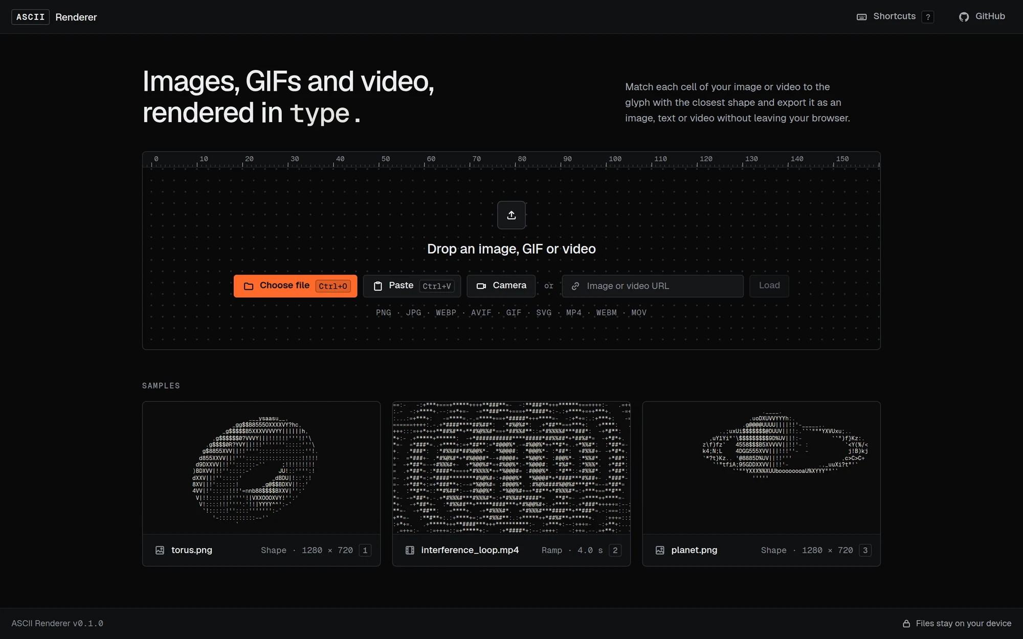 The start screen: a drop zone with Choose file, Paste, Camera and a link field, and three sample tiles below it