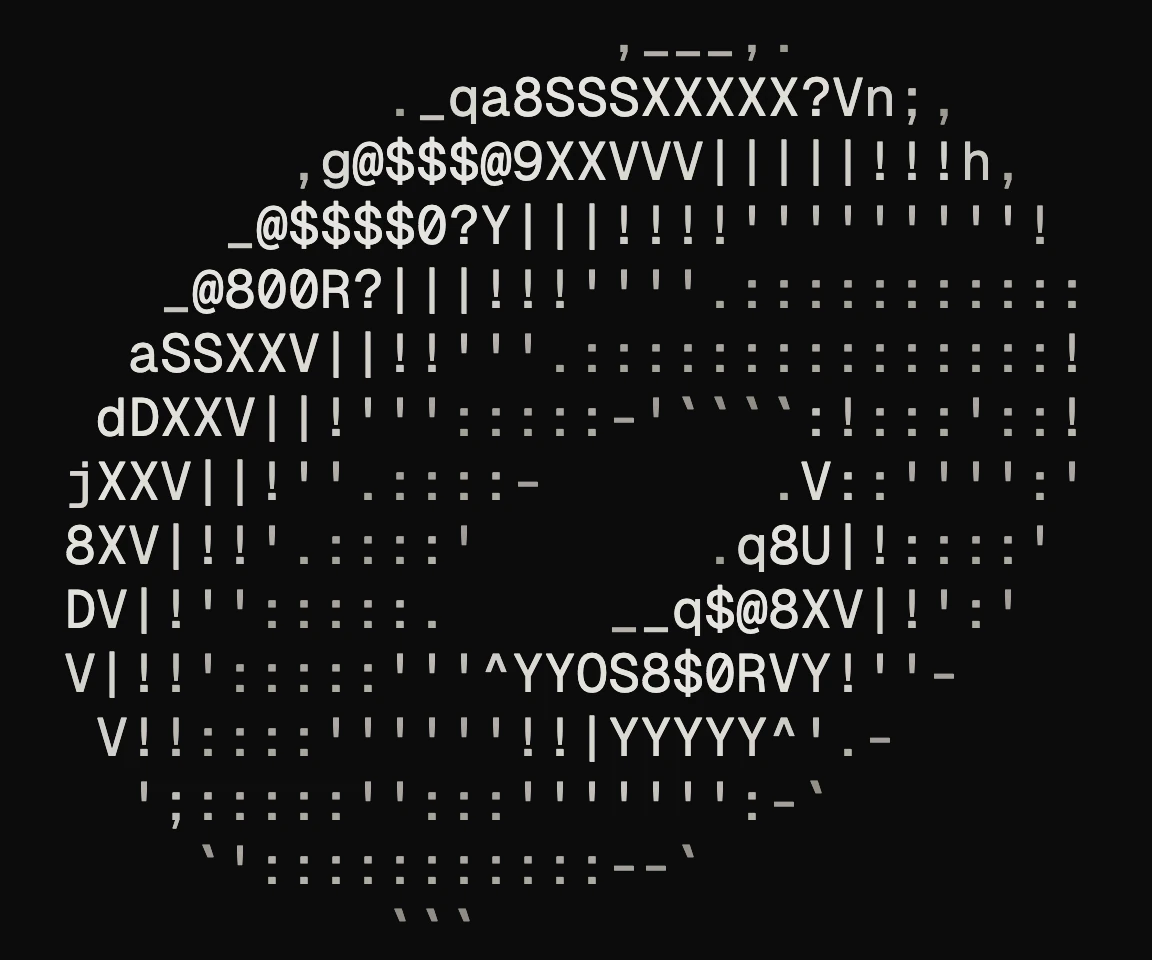 The torus in ASCII picked by brightness and shape: characters like _, / and | trace the ring's outline and its hole