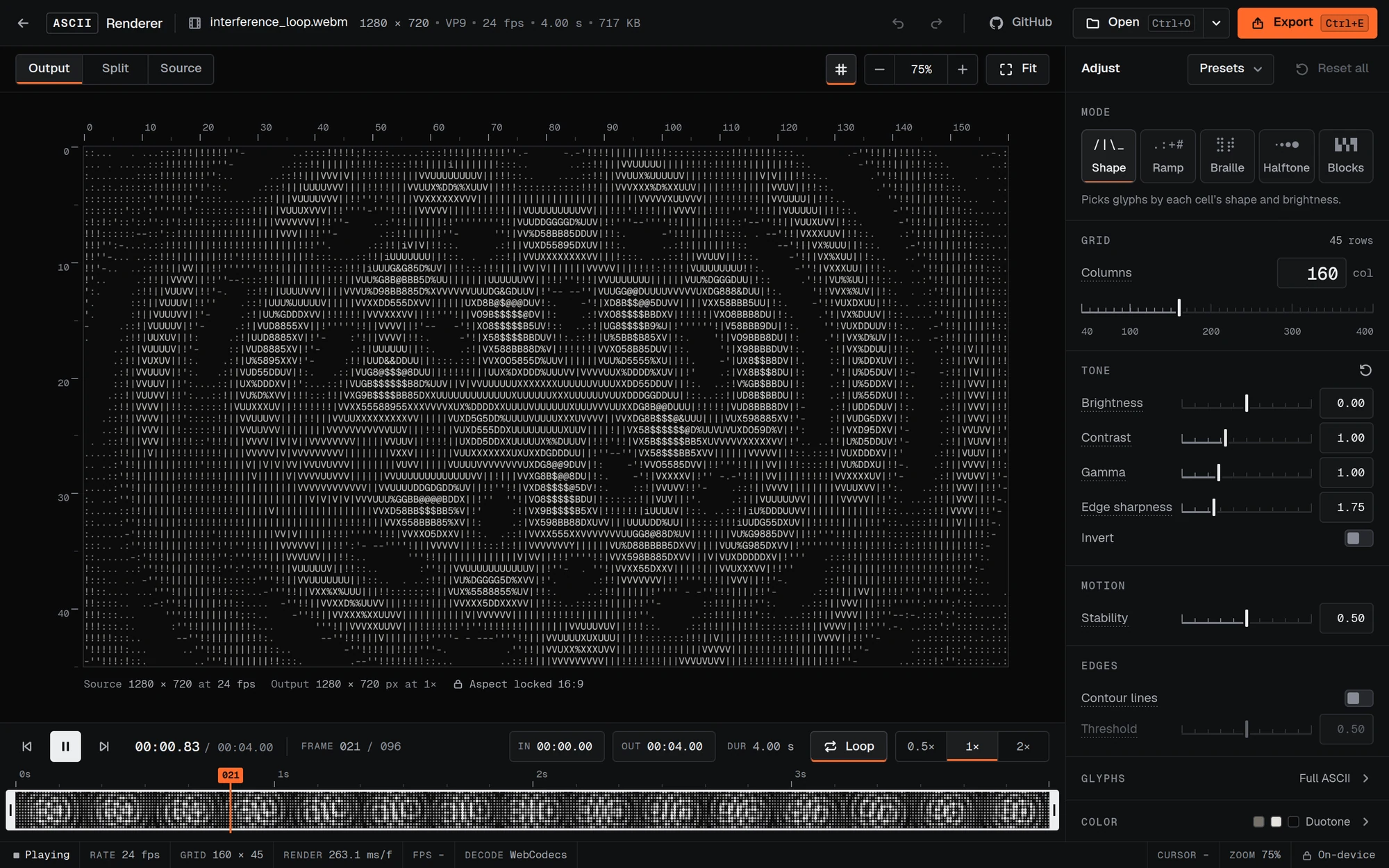 The editor playing a looping video in Shape mode, with the playback timeline at the bottom